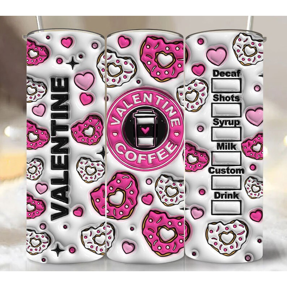 3D Valentine Coffee Inflated Tumbler Wrap, Valentine's Day Puff Tumbler Sublimation PNG, XOXO Tumbler Png, Valentines Donuts Cakes Png.jpg