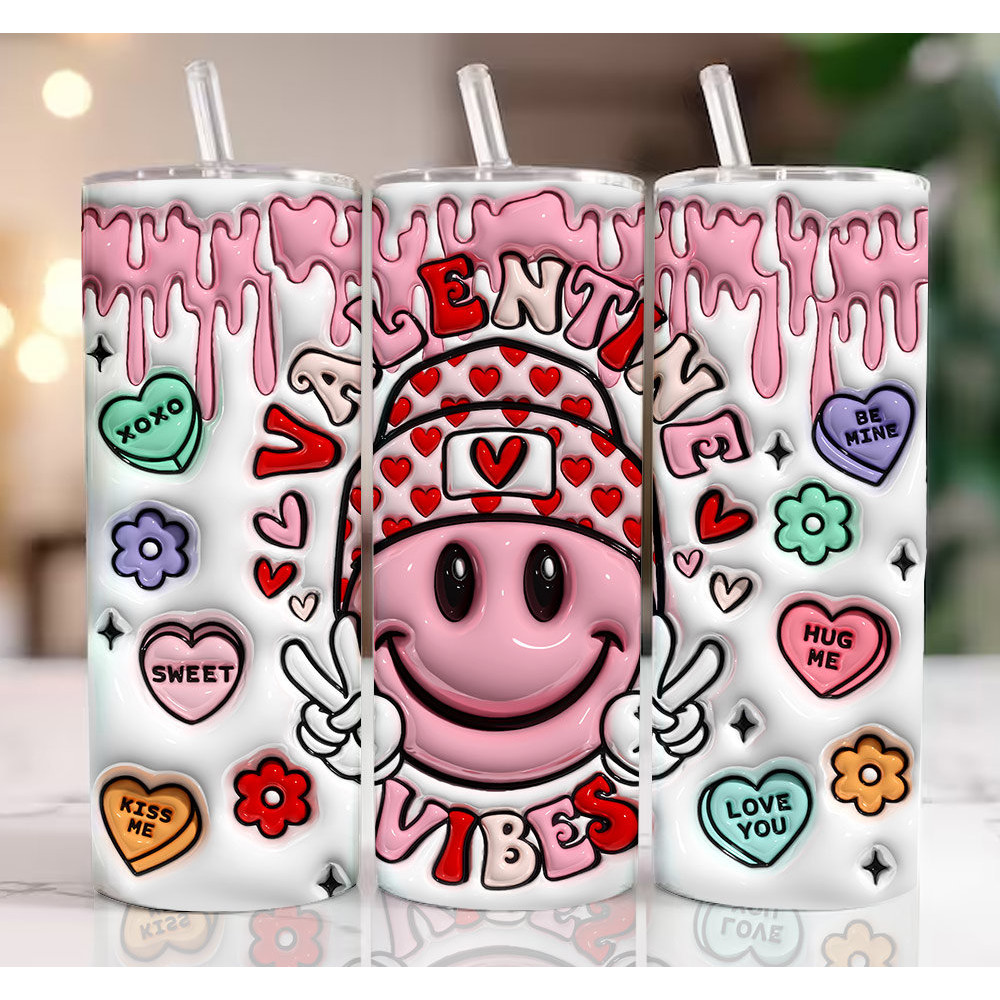 3D Valentine Vibes Inflated Mug Wrap, Valentine's Day Puff 11oz 15oz Mug Sublimation PNG, Smiley Face Puffy, Valentines Conversation Hearts.jpg