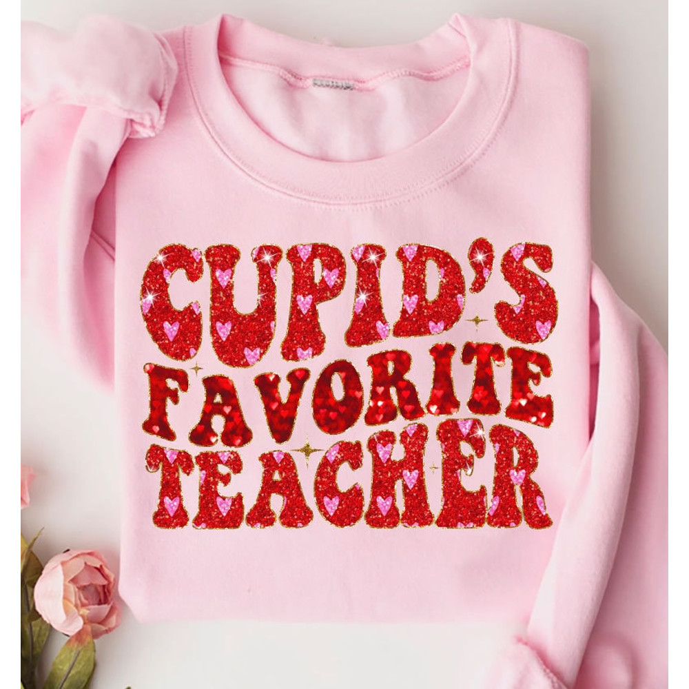 Cupids Favorite Teacher Png, Glitter Valentine Shirt Design, Sequins Glitter Teacher Png For Valentines Day, Sublimation, Digital Download.jpg