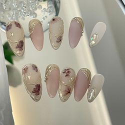 frosted powder 3d gel shell press on nails/floral short almond chrome metallic silver fake nails/free style elegant birt