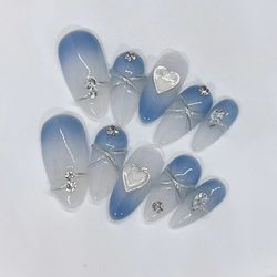 gray-blue fog ombre and pearl heart press on nails/blue fancy nails/princess nails/elegant nail/ cute girl nails/3d nail