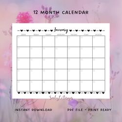 black hearts calendar , 12 month , pdf , digital download , printable , blank , undated , monthly , yearly