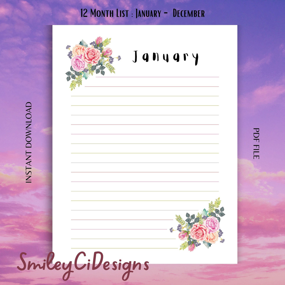 Floral 12 Month Overview To Do Checklist Tasks Reminder Blank PDF Digital File Print Printable Planner.jpg