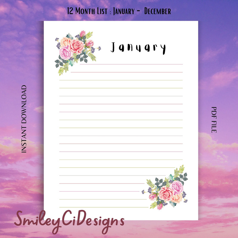 Floral 12 Month Overview To Do Checklist Tasks Reminder Blank PDF Digital File Print Printable Planner.jpg