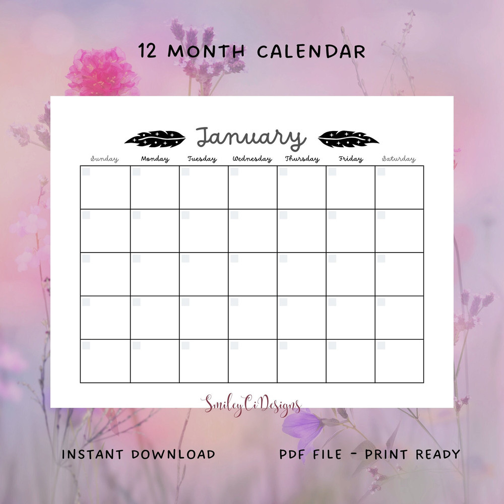 Starry Feathers Calendar 12 Month PDF Digital Download Printable Undated Blank Monthly Yearly.jpg