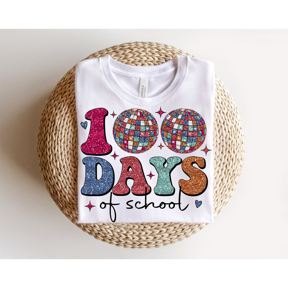 Glitter Disco Ball 100 days of school Png, Groovy 100 days png, Retro 100 days Teacher Shirt, Sublimation PNG, Faux Glitter 100 Day.jpg