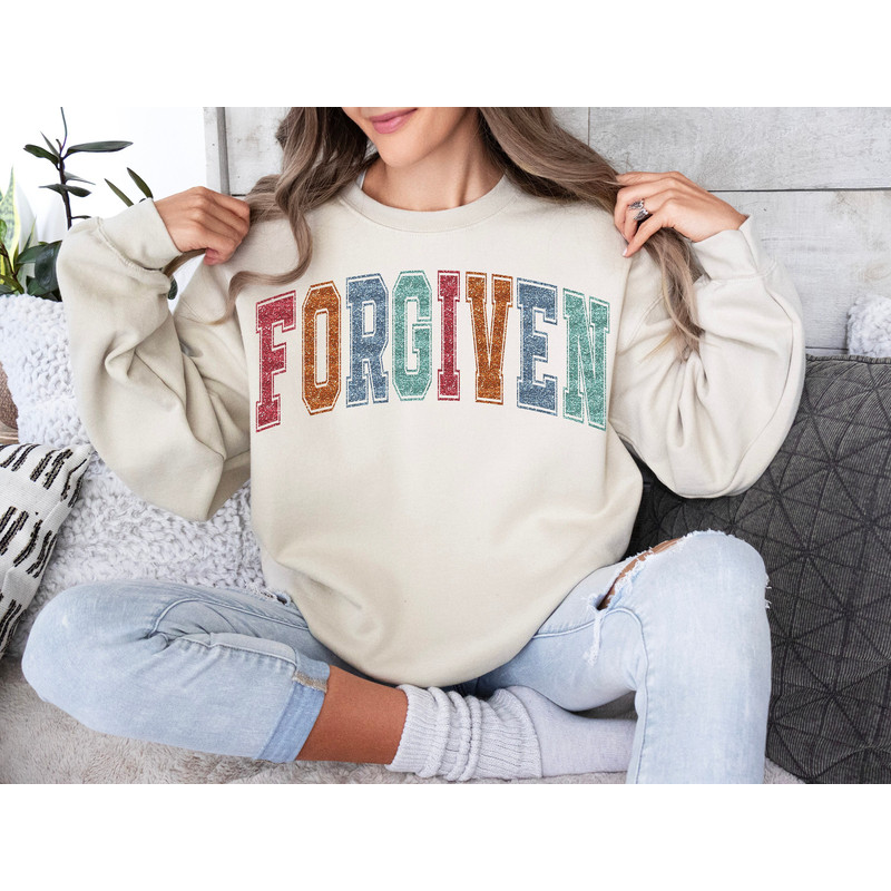 Faux Glitter Forgiven Png, Colorful Varsity PNG, Christian Shirt Design, Arched Groovy College Sublimation, Trendy Bible Affirmations PNG.jpg