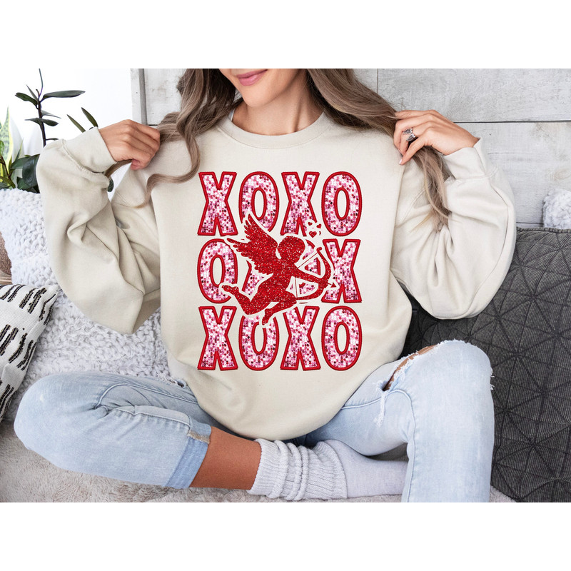 Pink XOXO Sparkly Faux Sequins, Cupid Valentines Day Png, Cute Valentines Day Shirt Design, Trendy Valentines Day Png, Sublimation, Digital.jpg