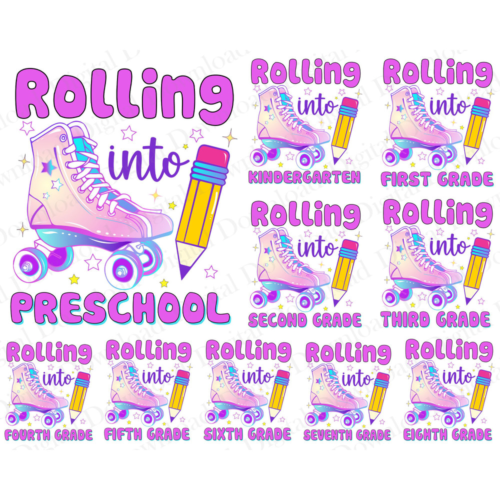 Back to School Png Rolling Into School Png Bundle, Rolling Skate 1st Day of School, Roller Skates png, 1st 2nd 3rd 4th 5th, Teacher Gift.jpg