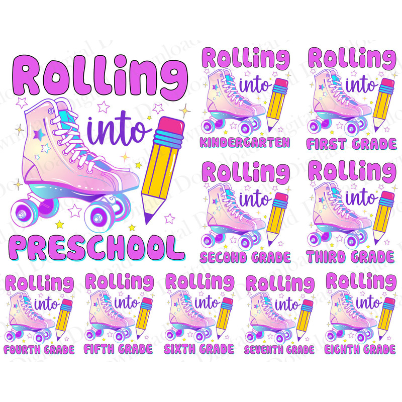 Back to School Png Rolling Into School Png Bundle, Rolling Skate 1st Day of School, Roller Skates png, 1st 2nd 3rd 4th 5th, Teacher Gift.jpg