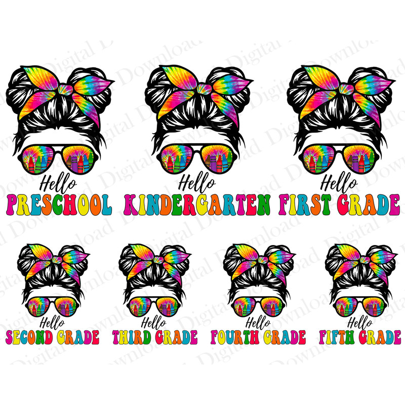 Hello Back to School Tie Dye Messy Hair Bun Girl Png Bundle, Tie Dye Messy Bun Png, First Day Of School Png, 1st 2nd 3rd 4th 5th.jpg