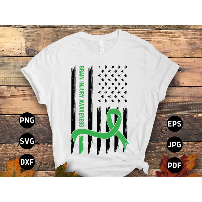 Brain Injury Awareness Svg Png, Brain Injury USA American Flag Svg, Green Ribbon Svg, TBI Svg Cricut Sublimation Designs.jpg