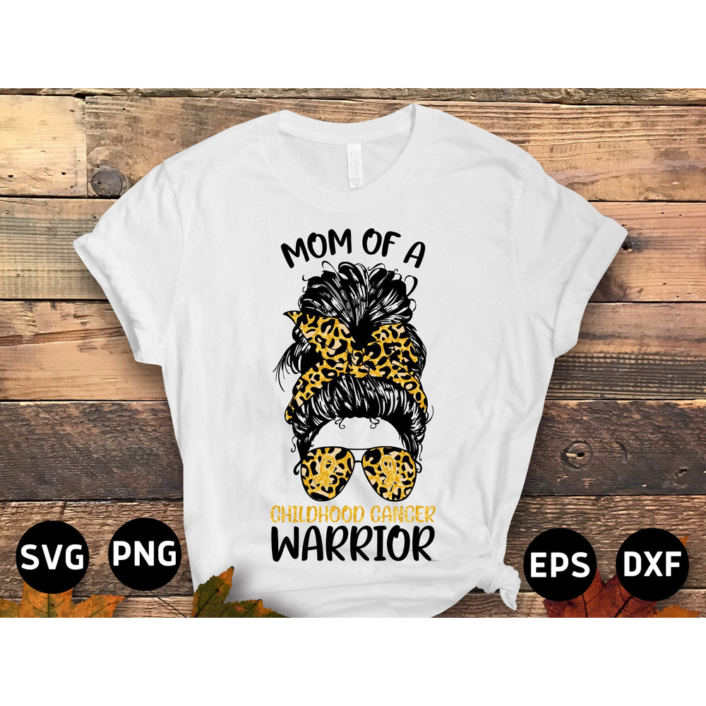 Childhood Cancer Awareness Svg Png, Mom of a Childhood Cancer Warrior Messy Bun Svg, Pediatric Cancer Awareness Svg Cricut Png Sublimation.jpg