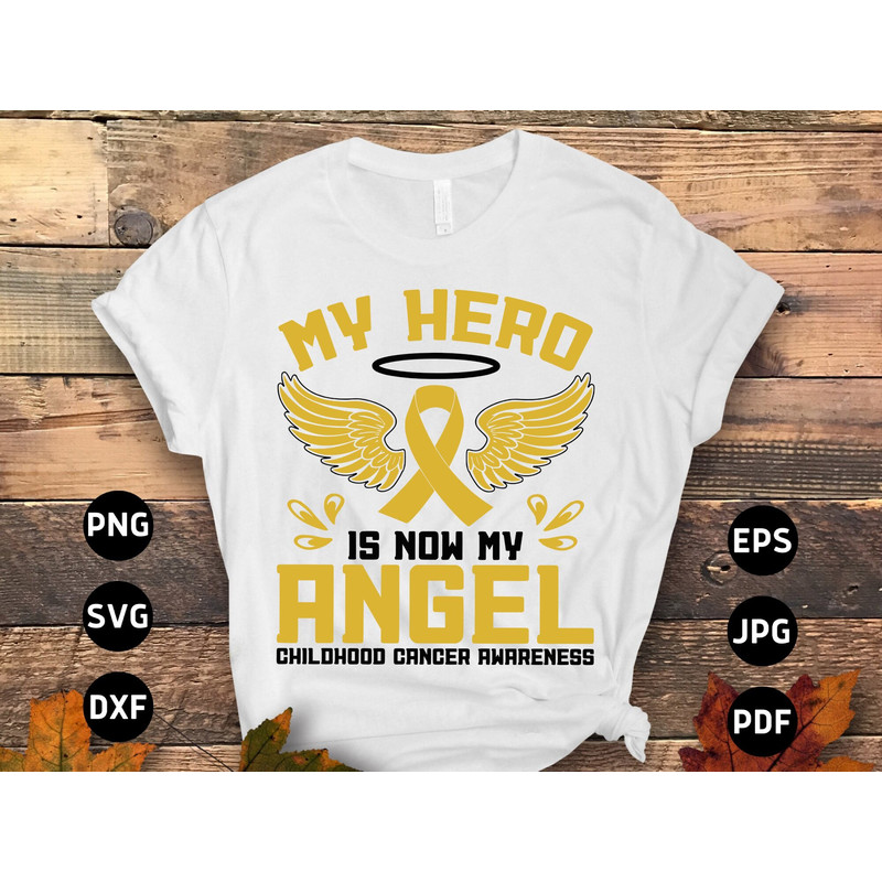 Childhood Cancer Awareness Svg Png, My Hero is Now My Angel Svg, Memorial Pediatric Cancer Awareness Ribbon Svg Cricut File Png Sublimation.jpg