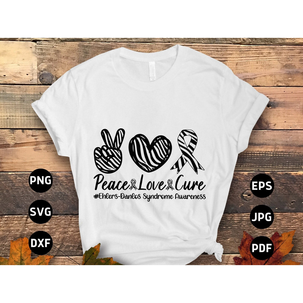 Ehlers Danlos Syndrome Awareness Svg Png, Peace Love Cure Svg, EDS Zebra Ribbon Svg Cricut Cut File Sublimation.jpg