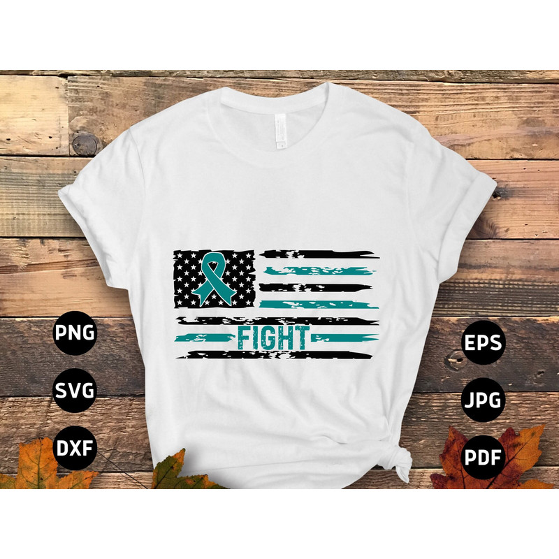 Fight Ovarian Cancer Awareness Svg Png, Teal Ribbon Fight USA Flag Svg, Teal Ribbon Svg Cricut Cut File Sublimation.jpg