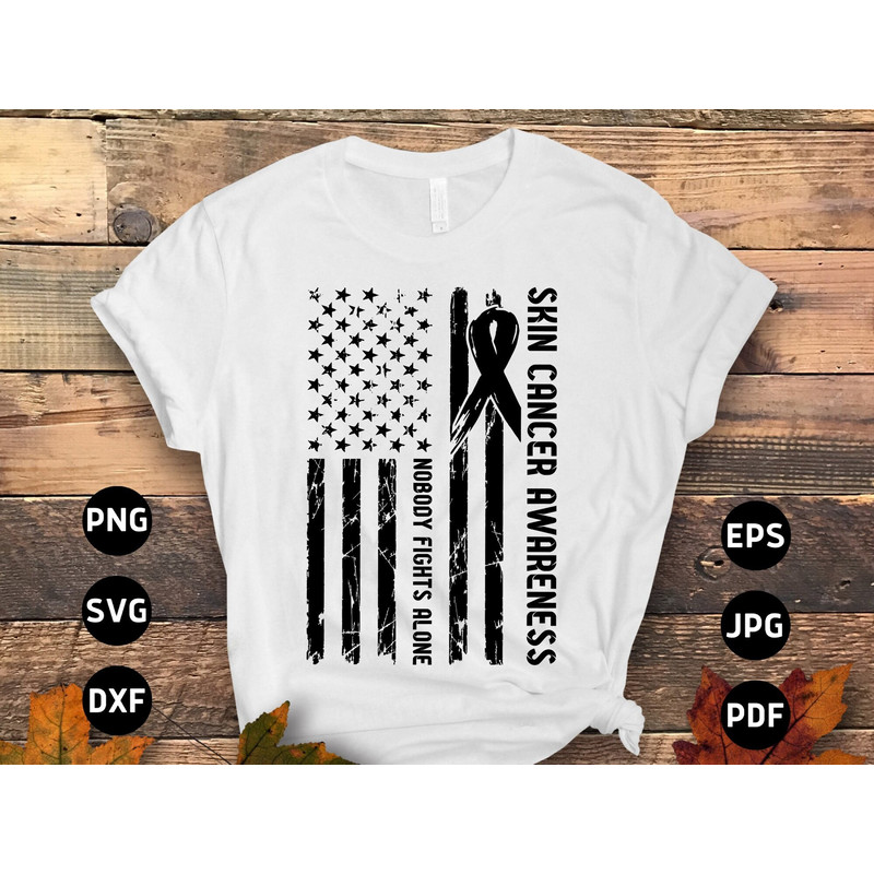 Flag Skin Cancer Awareness Svg Png, Nobody Fights Alone Svg, Black Ribbon Svg, Melanoma Cancer Support Cricut File Sublimation Design.jpg
