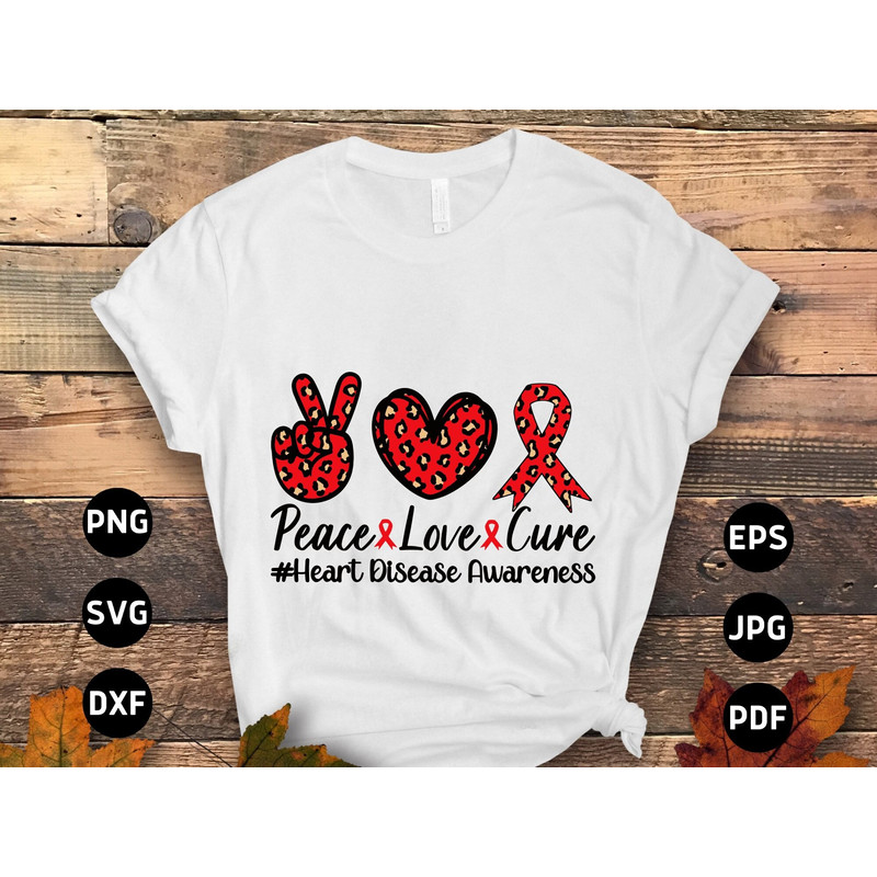 Heart Disease Awareness Svg Png, Peace Love Cure Leopard Svg, Red Ribbon Svg Cricut Sublimation Design.jpg