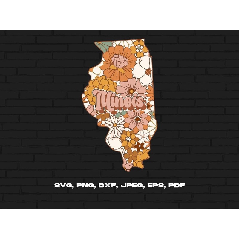 Illinois State Svg Png, Illinois Map Svg, Retro Illinois Flower Svg Cricut Cut File Silhouette Sublimation Design.jpg