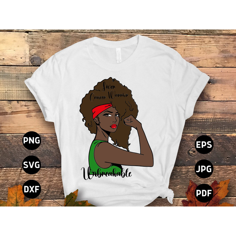 Liver Cancer Awareness Svg Png, Liver Cancer Warrior Unbreakable African Girl Svg, Emerald Green Ribbon Svg Cricut Sublimation Design.jpg