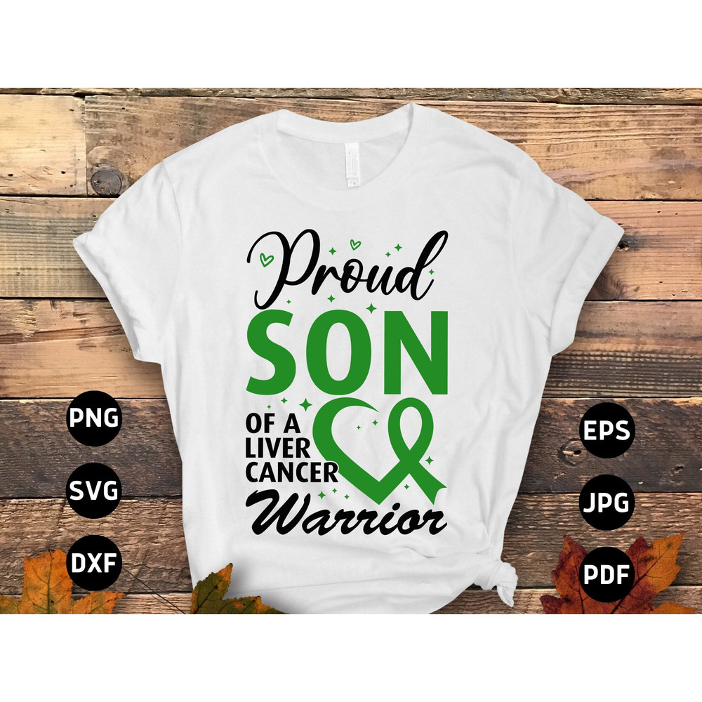 Liver Cancer Awareness Svg Png, Proud Son of a Liver Cancer Warrior Svg, Emerald Green Ribbon Svg Cricut Sublimation Design.jpg
