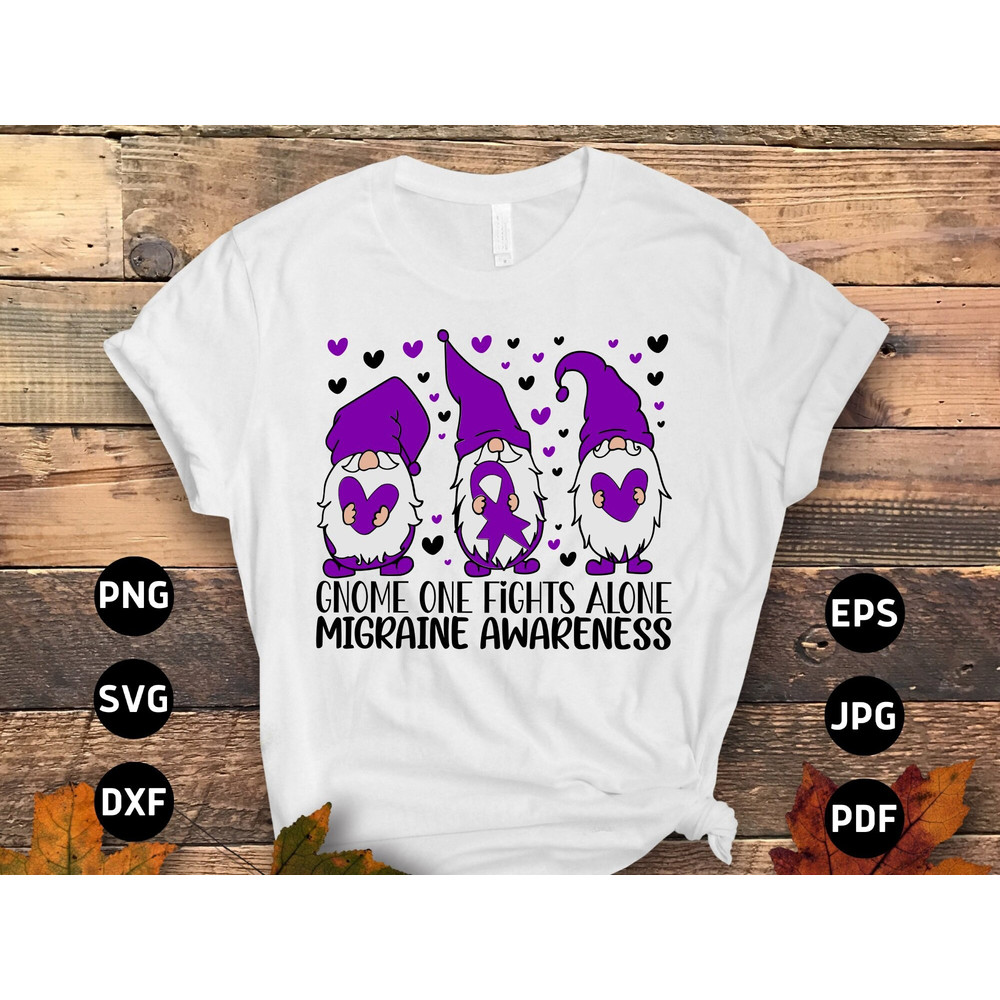 Migraine Awareness Svg Png, Gnome One Fights Alone Svg, Purple Ribbon, Chronic Headache Pain Support Svg Cricut Sublimation Design.jpg