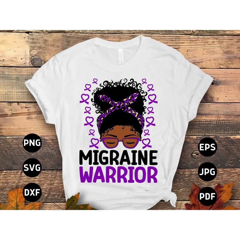 Migraine Awareness Svg Png, Migraine Warrior Afro Messy Bun Svg, Purple Ribbon, Chronic Headache Pain Support Svg Cricut Sublimation Design.jpg