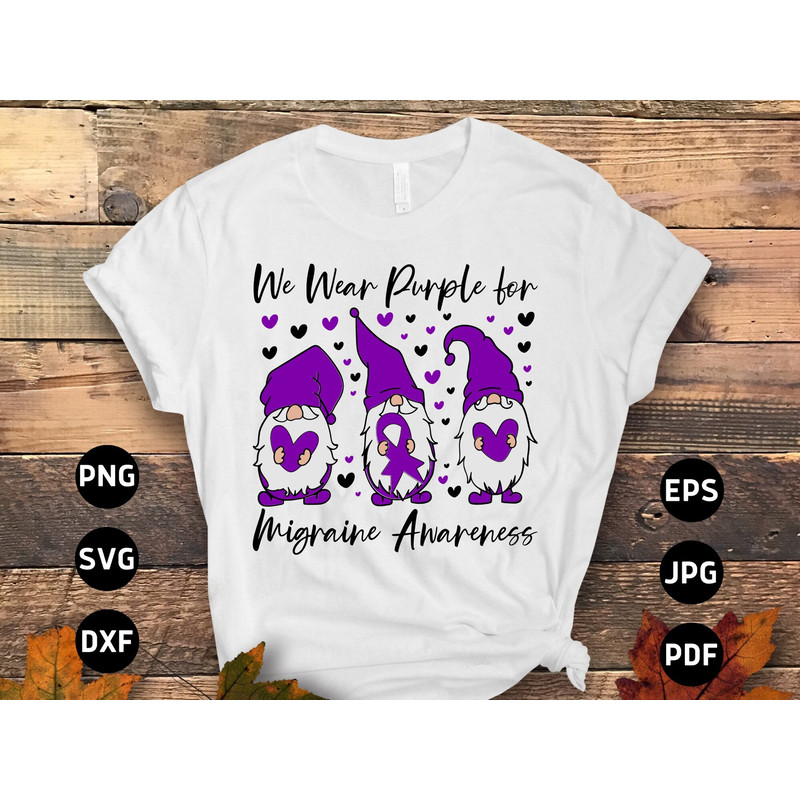 Migraine Awareness Svg Png, We Wear Purple for Migraine Gnome Svg, Purple Ribbon Chronic Headache Pain Support Svg Cricut Sublimation Design.jpg