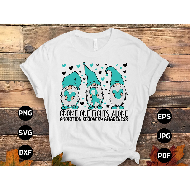 Addiction Recovery Awareness Svg Png, Gnome One Fights Alone Svg, Teal Ribbon Drug Addiction Svg Cricut Sublimation Designs.jpg