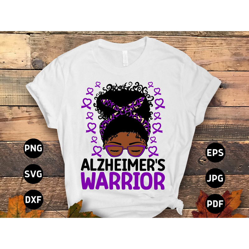 Alzheimer's Awareness Svg Png, Alzheimer's Warrior Afro Messy Bun Svg, Purple Ribbon Alzheimer Support Cricut Sublimation Design.jpg