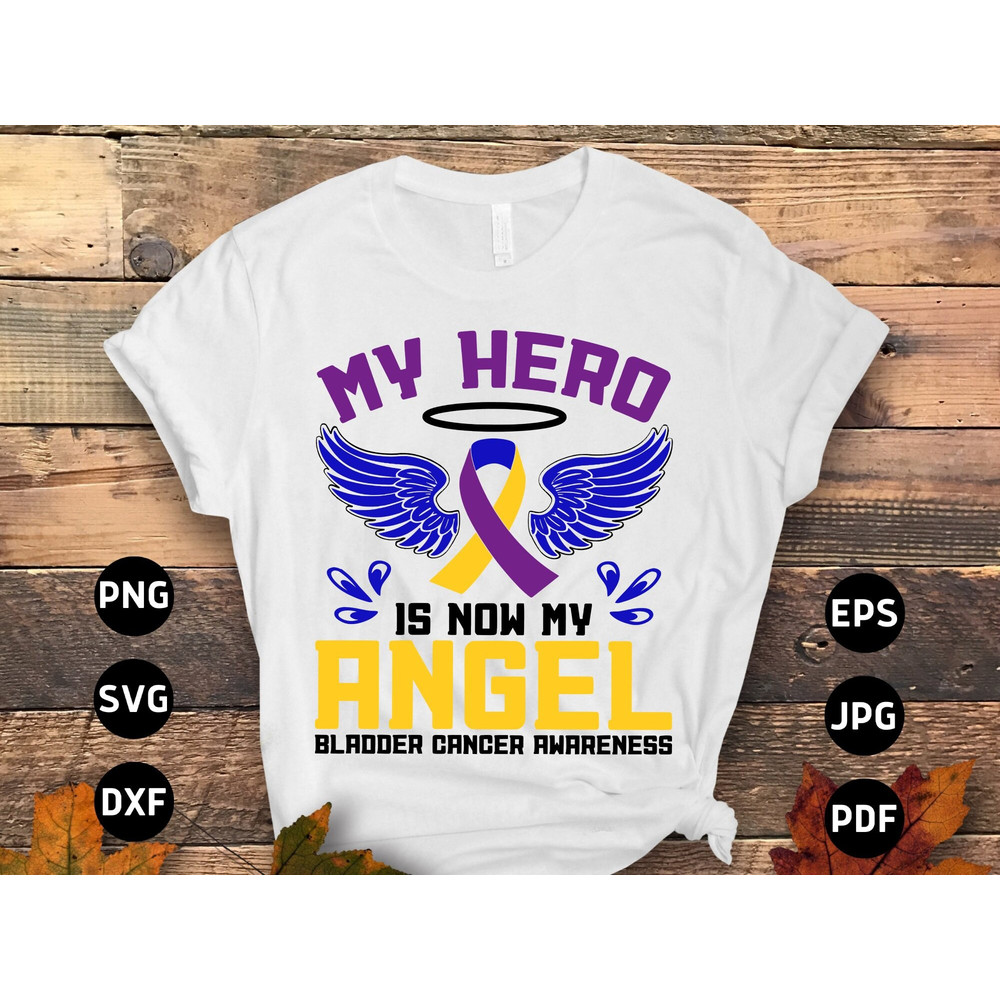 Bladder Cancer Awareness Svg Png, My Hero Is Now My Angel Svg, Bladder Cancer Memorial Ribbon Support Svg Cricut File Sublimation Design.jpg