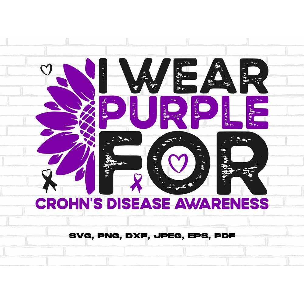Crohn's Disease Awareness Svg Png, I Wear Purple for Crohn's Disease Awareness Sunflower Svg, Purple Ribbon Svg Cricut Sublimation Design.jpg