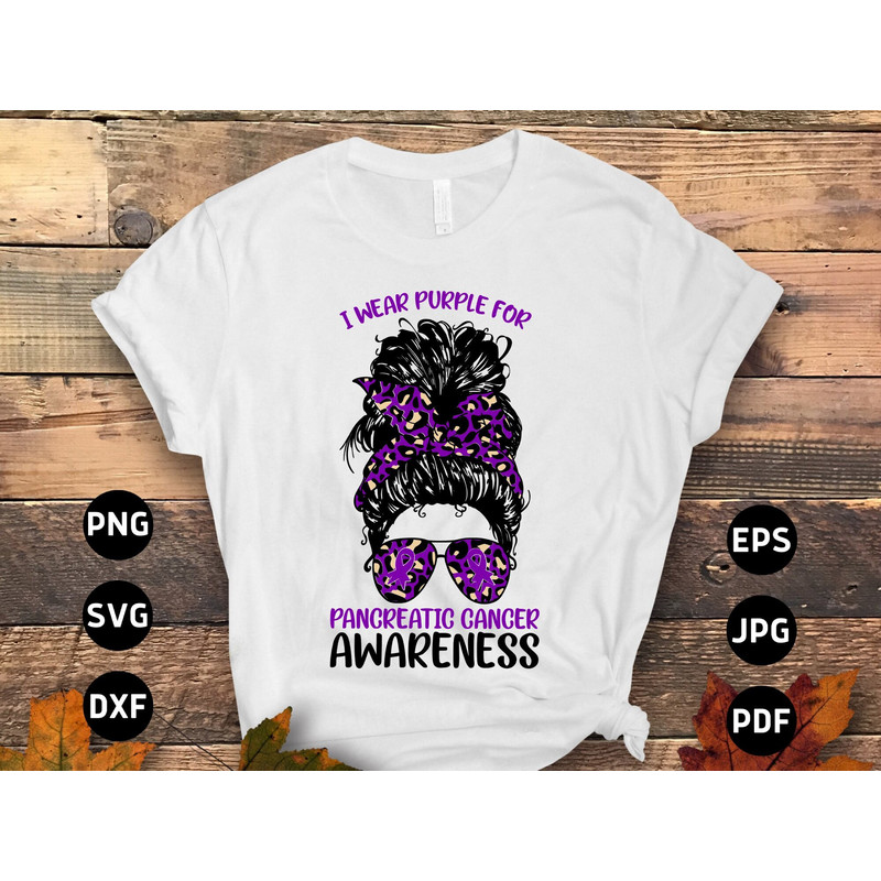 I Wear Purple for Pancreatic Cancer Messy Bun Svg, Pancreatic Cancer Awareness Svg Png, Purple Ribbon Svg Cricut File Png Sublimation Design.jpg