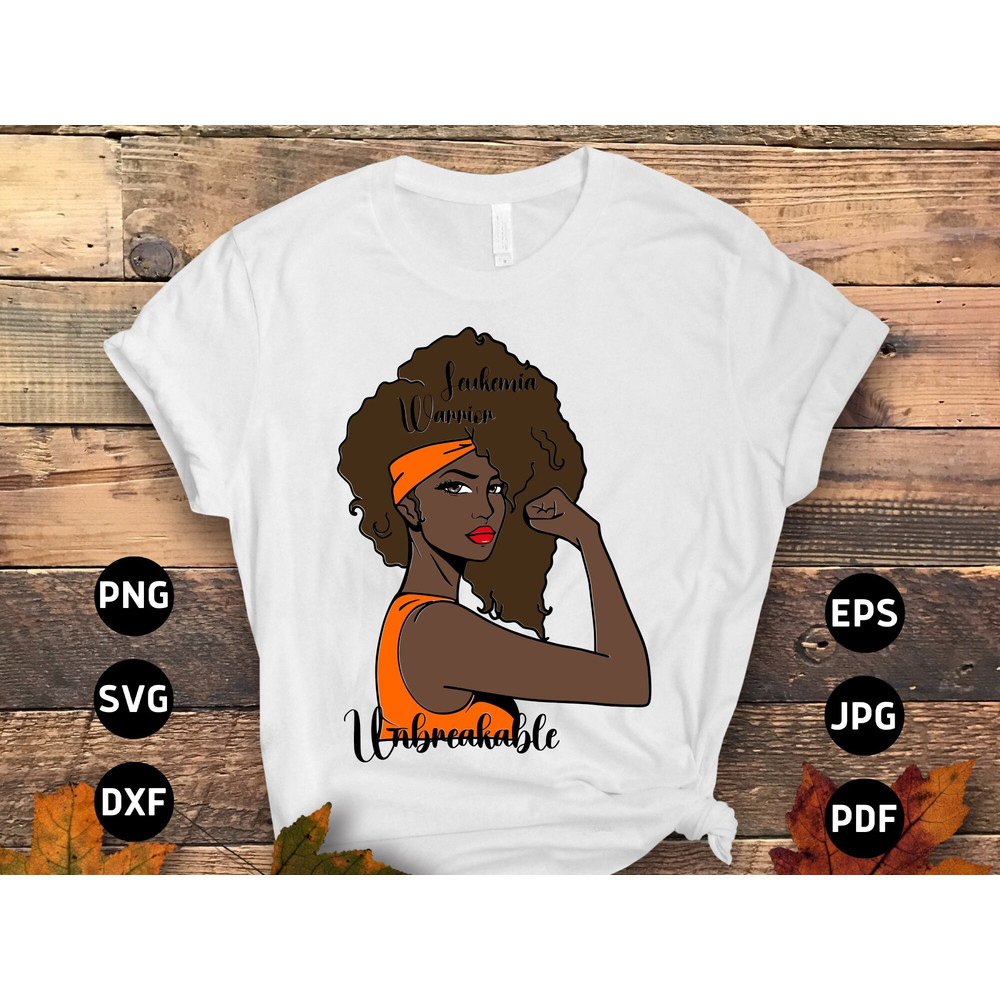 Leukemia Awareness Svg Png, Leukemia Warrior Unbreakable Afro Girl Svg, Leukemia Cancer Orange Ribbon Svg Cricut Sublimation.jpg