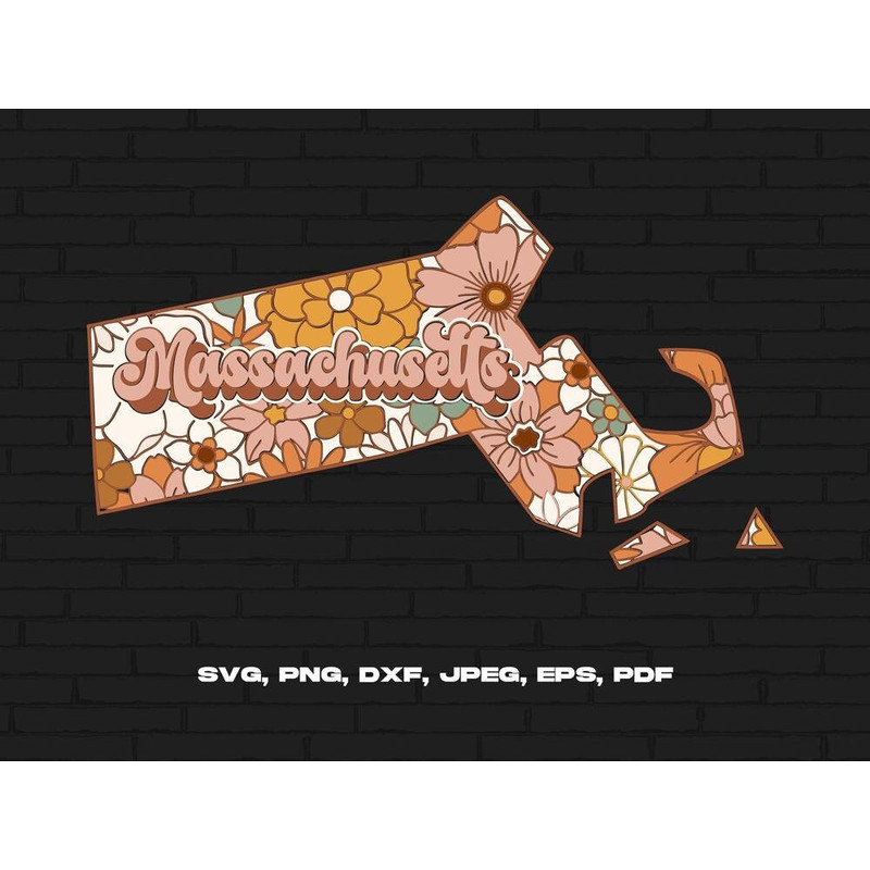 Massachusetts State Svg Png, Massachusetts Map Svg, Retro Massachusetts Flower Svg Cricut Cut File Silhouette Sublimation Design.jpg