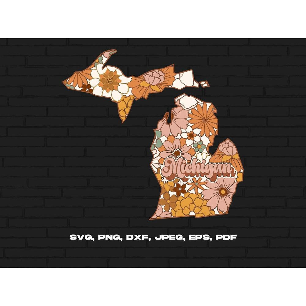 Michigan State Svg Png, Michigan Map Svg, Retro Michigan Flower Svg Cricut Cut File Silhouette Sublimation Design.jpg
