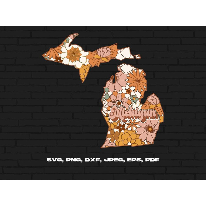 Michigan State Svg Png, Michigan Map Svg, Retro Michigan Flower Svg Cricut Cut File Silhouette Sublimation Design.jpg