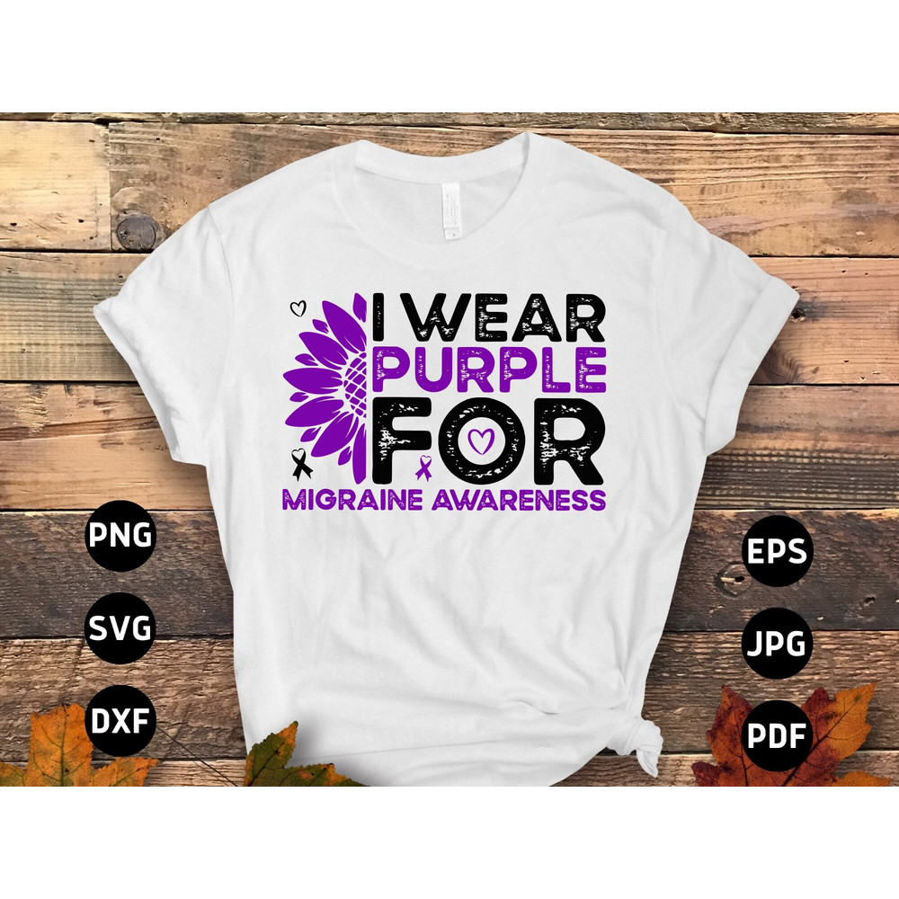 Migraine Awareness Svg Png, I Wear Purple for Migraine Sunflower Svg, Purple Ribbon, Chronic Headache Pain Support Cricut Sublimation Design.jpg
