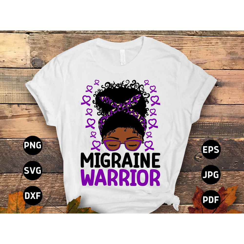Migraine Awareness Svg Png, Migraine Warrior Afro Messy Bun Svg, Purple Ribbon, Chronic Headache Pain Support Svg Cricut Sublimation Design.jpg