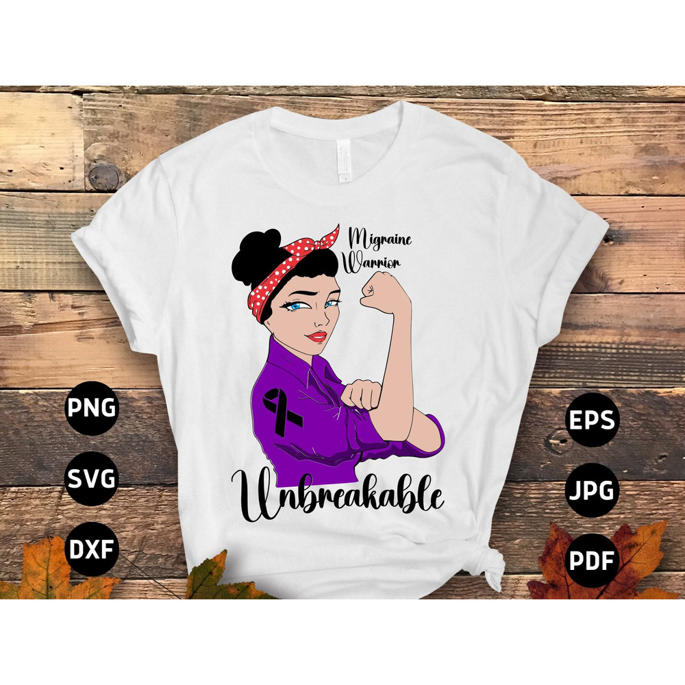 Migraine Awareness Svg Png, Migraine Warrior Unbreakable Svg, Purple Ribbon, Chronic Headache Pain Support Svg Cricut Sublimation Design.jpg
