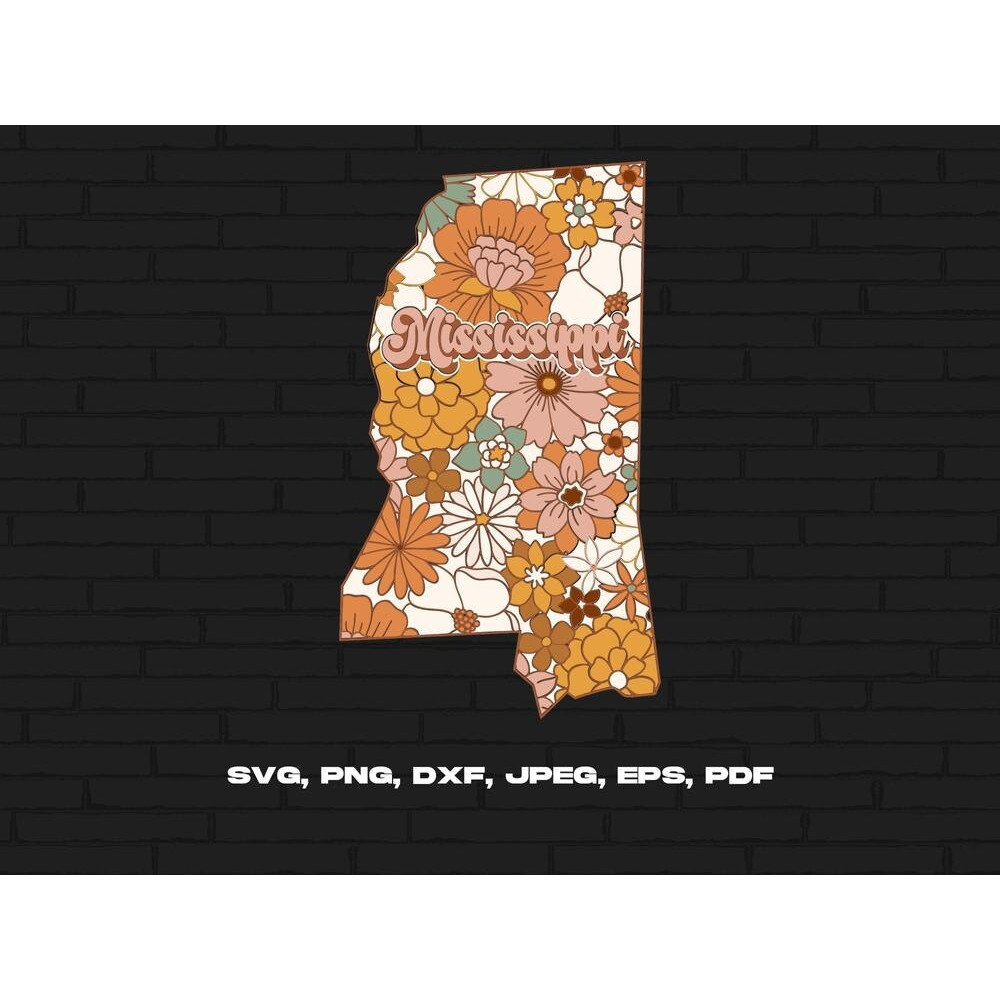 Mississippi State Svg Png, Mississippi Map Svg, Retro Mississippi Flower Svg Cricut Cut File Silhouette Sublimation Design.jpg