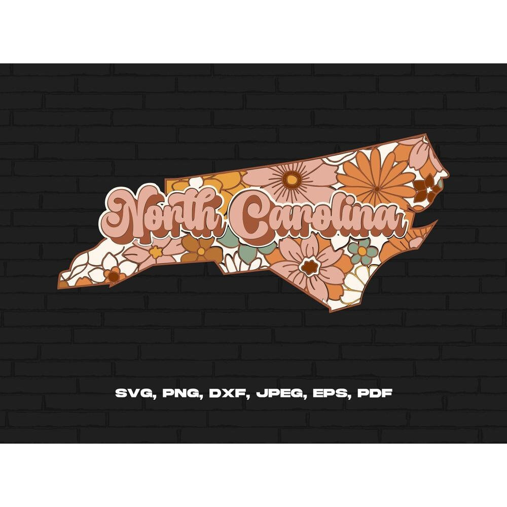 North Carolina State Svg Png, North Carolina Map Svg, Retro North Carolina Flower Svg Cricut Cut File Silhouette Sublimation Design.jpg