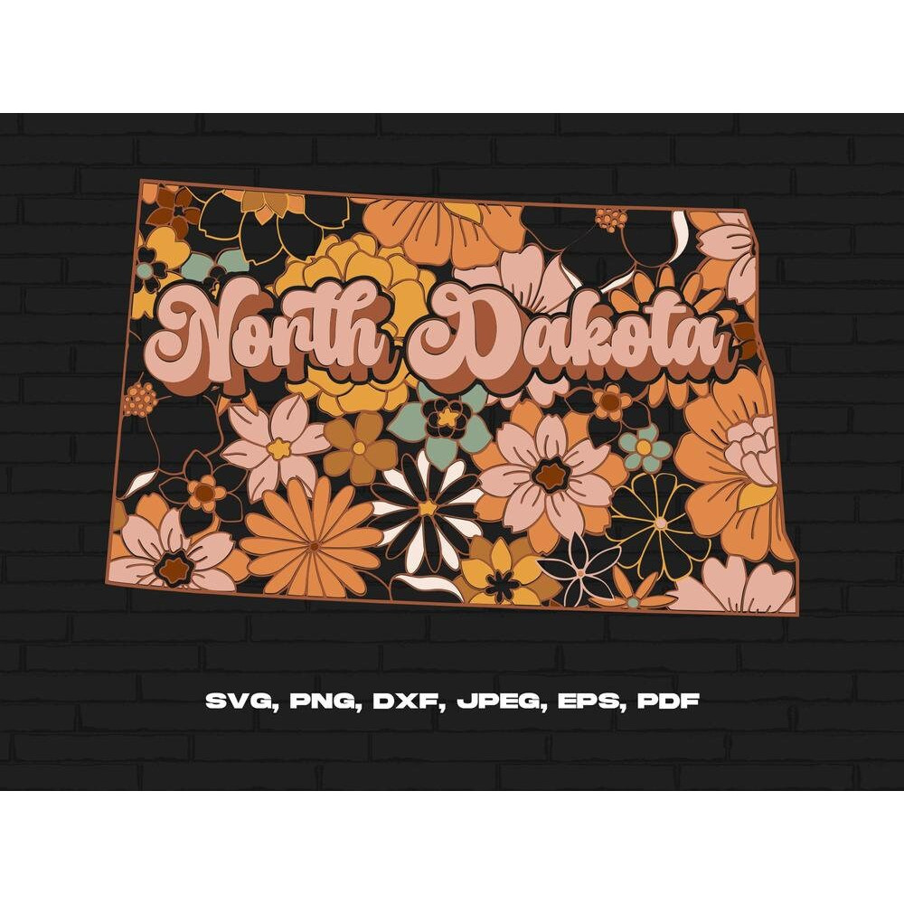 North Dakota State Svg Png, North Dakota Map Svg, Retro North Dakota Flower Svg Cricut Cut File Silhouette Sublimation Design.jpg