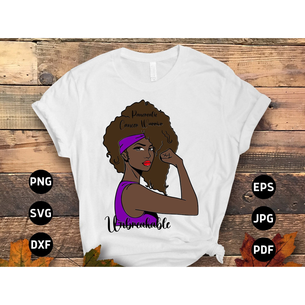 Pancreatic Cancer Warrior Unbreakable Afro Girl Svg, Pancreatic Cancer Awareness Svg Png, Purple Ribbon Svg Cricut File Png Sublimation.jpg