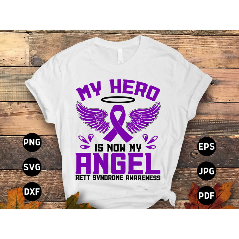 Rett Syndrome Awareness Svg Png, My Hero Is Now My Angel Svg, Purple Ribbon Svg Cricut Cut File Png Sublimation Designs.jpg