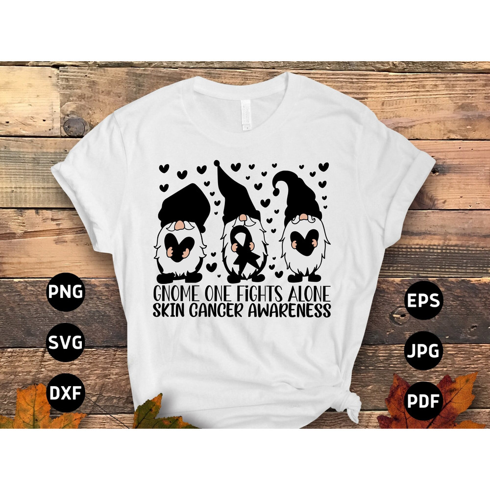 Skin Cancer Awareness Svg Png, Gnome One Fights Alone Svg, Black Ribbon Svg, Melanoma Cancer Support Cricut File Sublimation Design.jpg