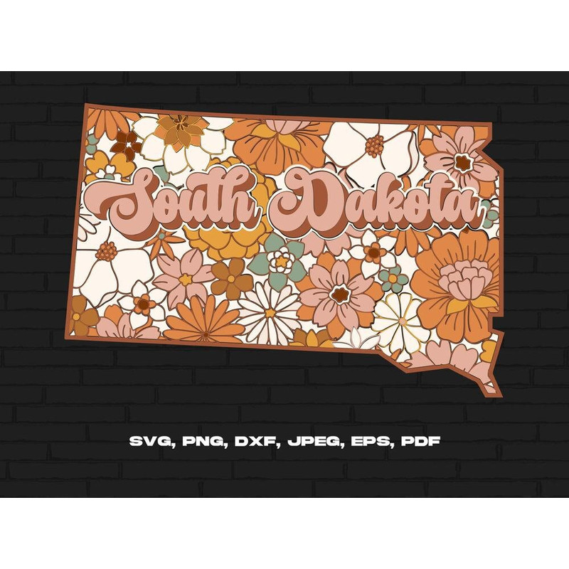 South Dakota State Svg Png, South Dakota Map Svg, Retro South Dakota Flower Svg Cricut Cut File Silhouette Sublimation Design.jpg