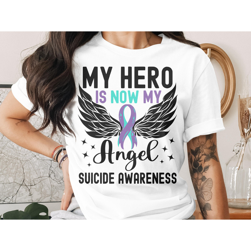 Suicide Prevention Awareness Svg Png, My Hero Is Now My Angel Svg Png, Teal Purple Ribbon Svg Cricut File Sublimation.jpg