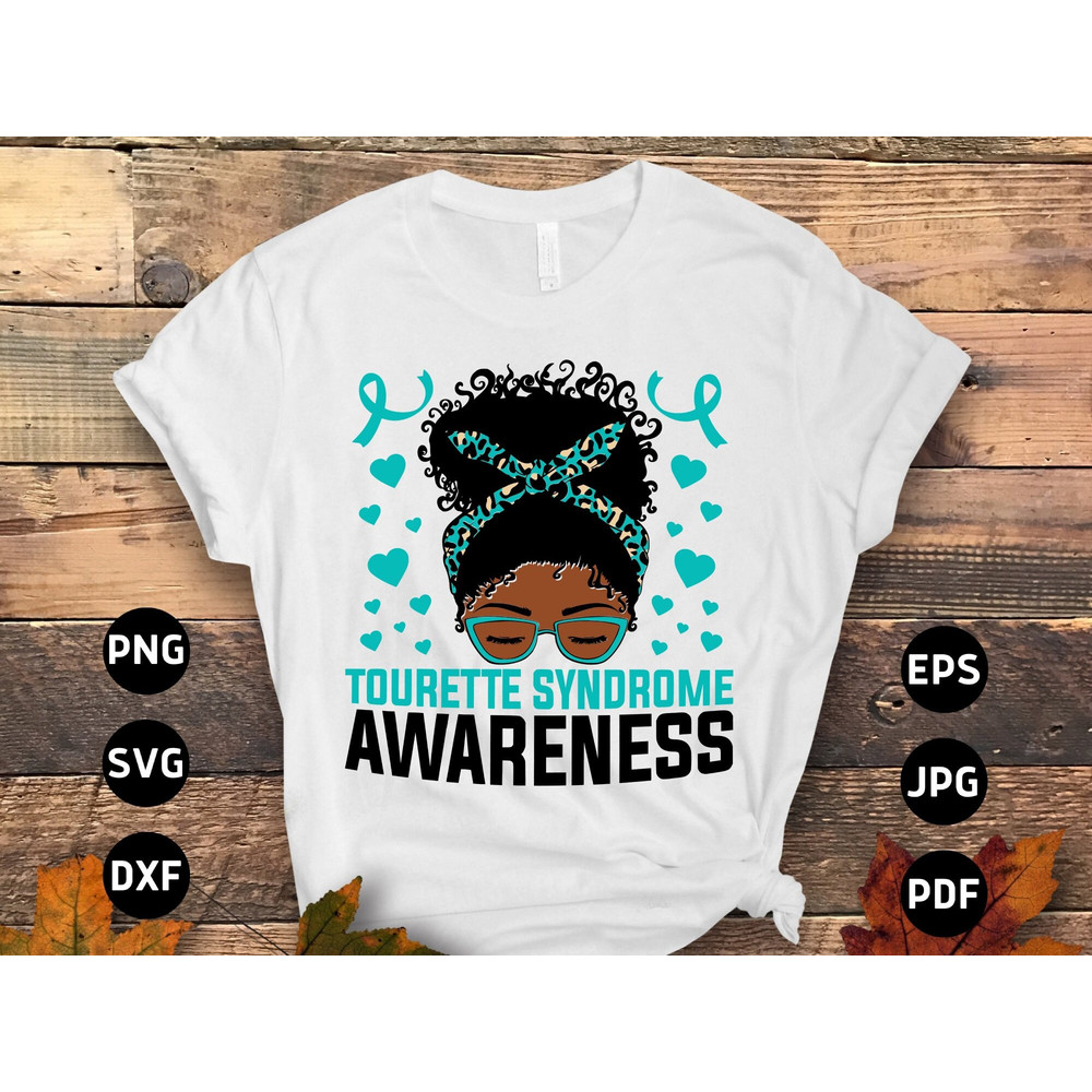 Tourette Syndrome Awareness Svg Png, Afro Messy Bun Tourette Syndrome Svg, Black Girl Teal Ribbon Svg Cricut File Sublimation Design.jpg