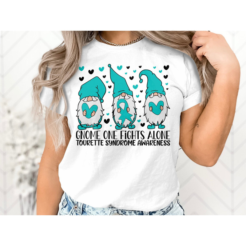 Tourette Syndrome Awareness Svg Png, Gnome One Fights Alone Svg, Teal Ribbon Svg Cricut File Sublimation Design.jpg